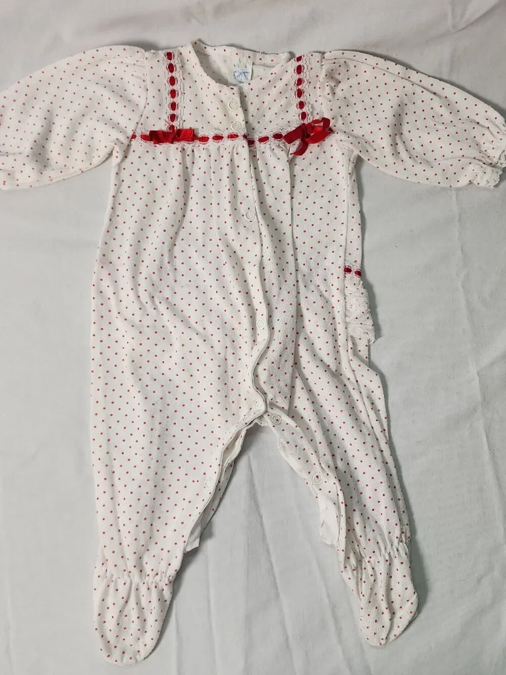 Moonbeams Baby Girl Footie Pajamas 3M White Red Polka Dot Rosebud Lace Bows VTG